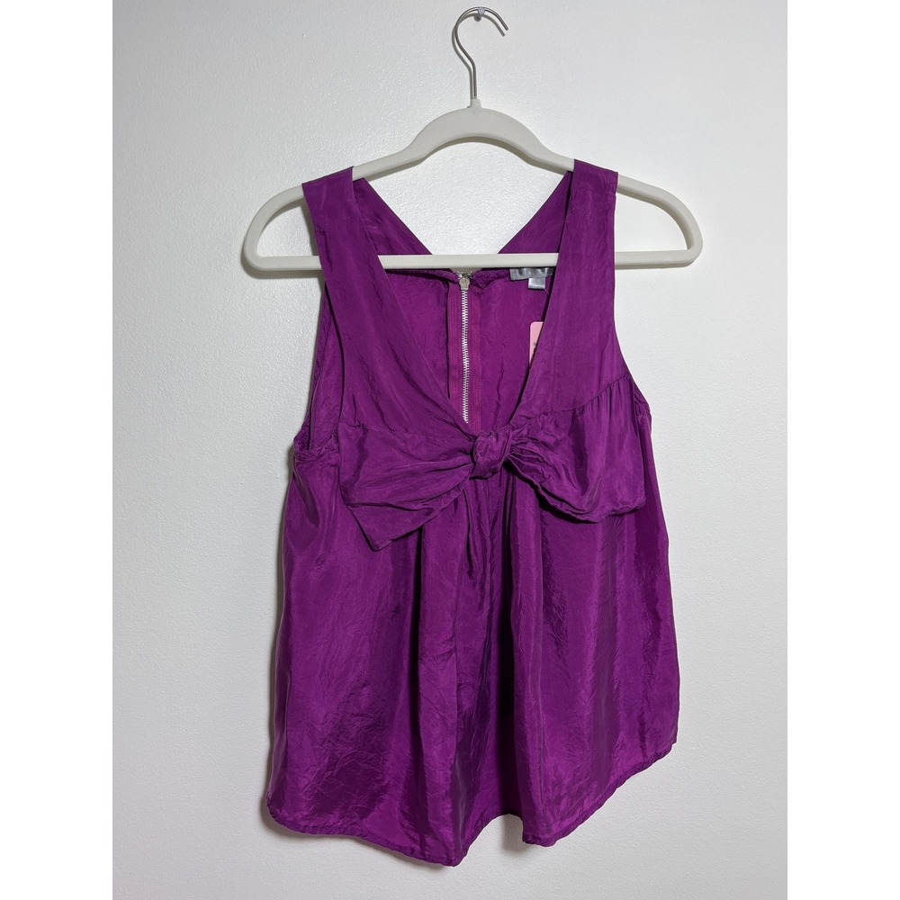Magenta Purple Silk Bow Front Tank Top Sleeveless V-Neck Zip Back Blouse Small